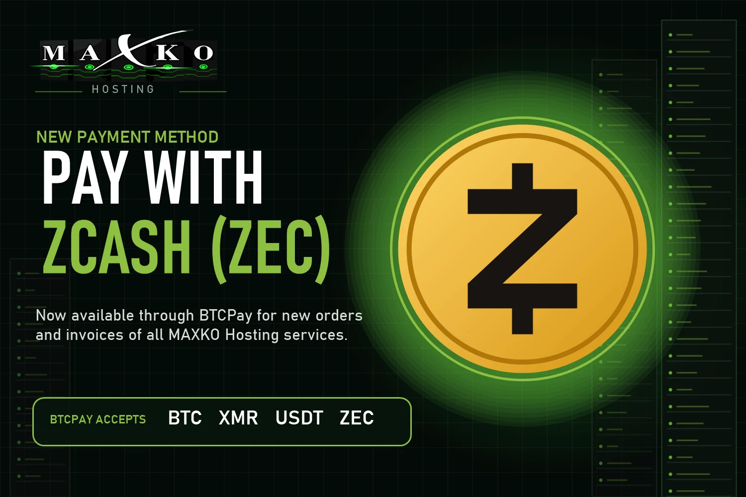 Zcash (ZEC) payments now available